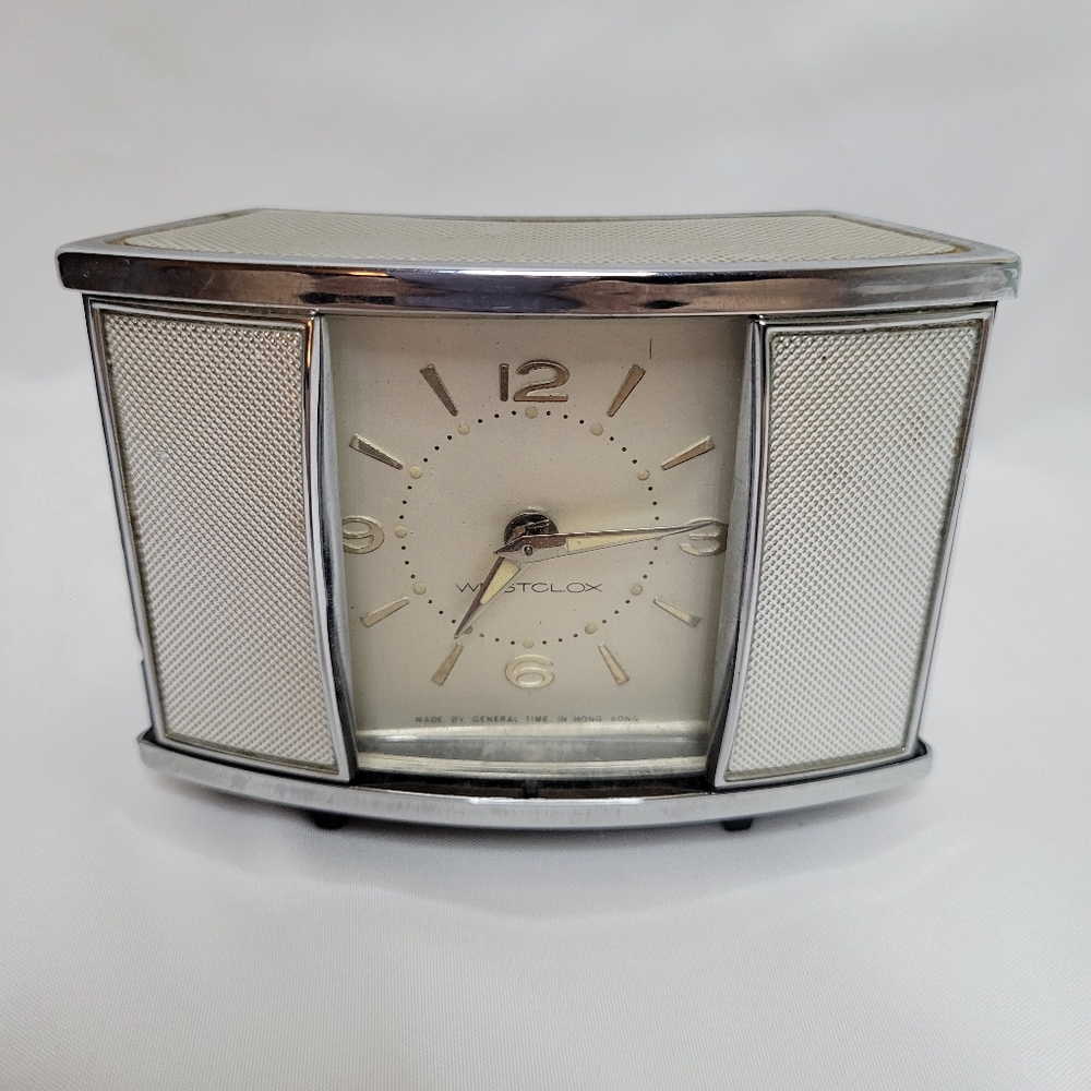 Vintage MCM Mechanical travel Alarm Clock Silver Works With Shutters